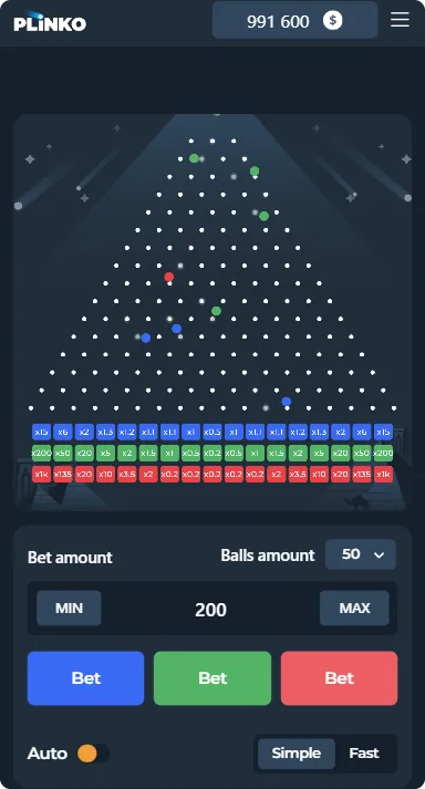 Gameplay de Plinko 1000 avec la balle rebondissant à travers les piquets